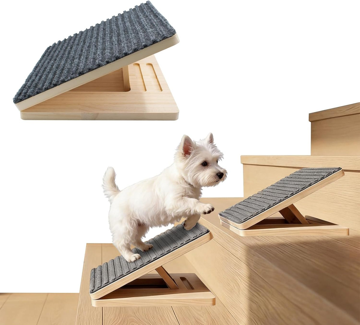 Wooden Dog Ramp for Stairs, Foldable & Adjustable Height Stair Wedges with Non-Slip Pad for Short-Legged, Small, Senior or Injured Pets Dogs and Cats (1 Pack)