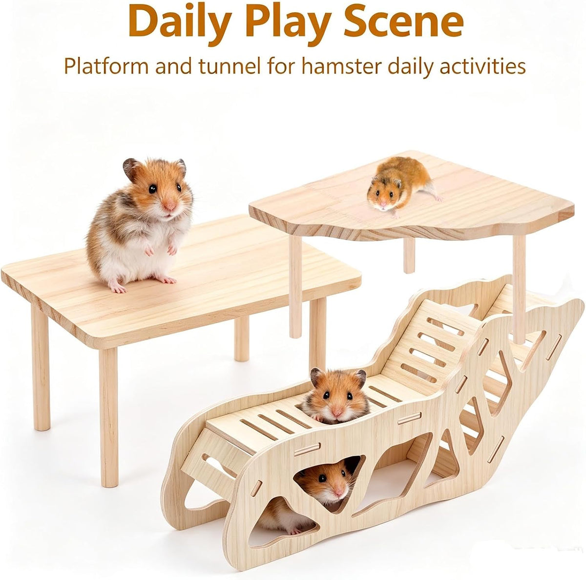 3-Piece Hamster Wooden Platform Play Set with Ladder Tunnel, Natural Wood Hamster Cage Accessories, Small Animal Climbing Stand Hideout for Dwarf Syrian Hamsters Gerbils Mice Rats