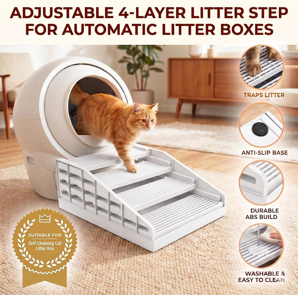 Litter Box Step for Senior Cats, Height Adjustable Cat Stairs, White