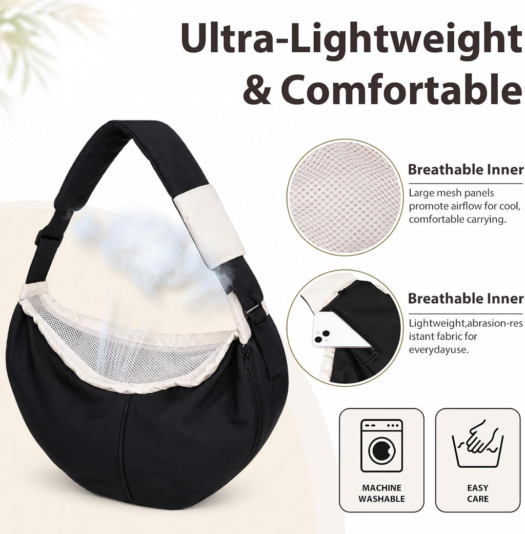 Dog Sling Carrier for Small Dogs and Cats Up to 15 lbs, Hands Free Pet Carrier with Adjustable Strap, Breathable Mesh Lining, Storage Pockets, Puppy Carrier Bag for Travel, Walking & Shopping (Black)