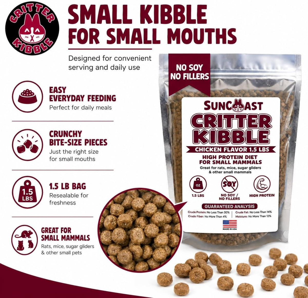 Suncoast Critter Kibble Small Animal Food - High Protein Critter Food for Rats, Mice, Sugar Gliders, and Exotic Pets - Complete Nutrition for Small Animals - 2 Months Supply 1.5 lbs