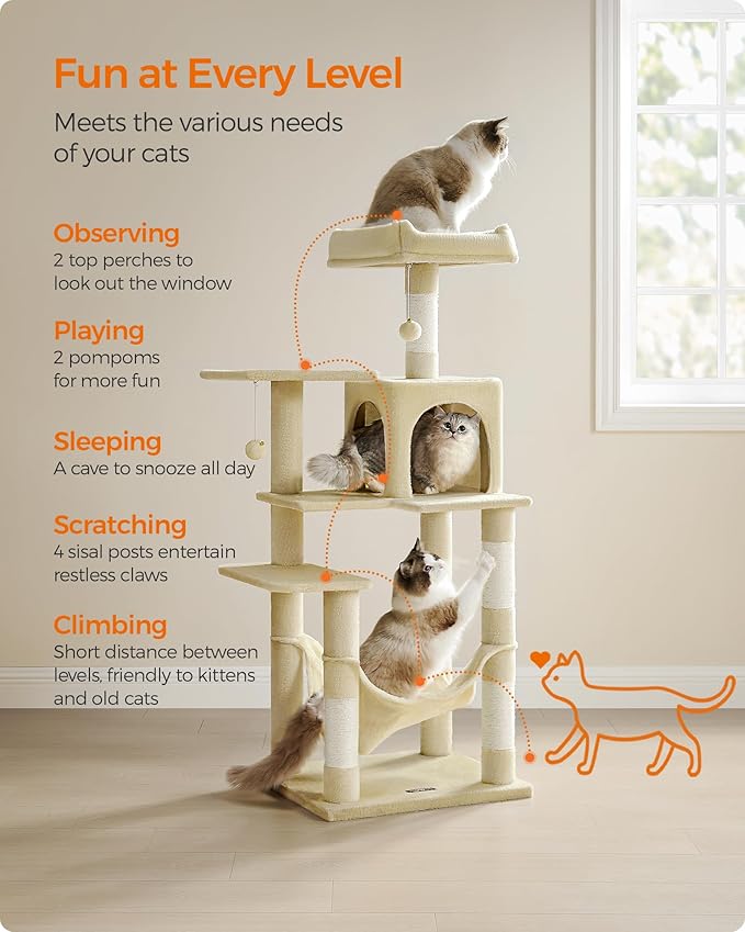 Feandrea Cat Tree, 55.1-Inch Cat Tower, Plush Multi-Level Condo - Image 6