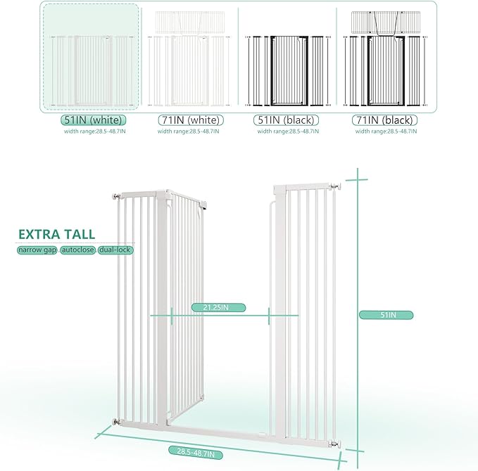 51" Extra Tall Cat Gate 28.5"-48.7" Wide, Auto Close, Pressure Mounted - Image 3