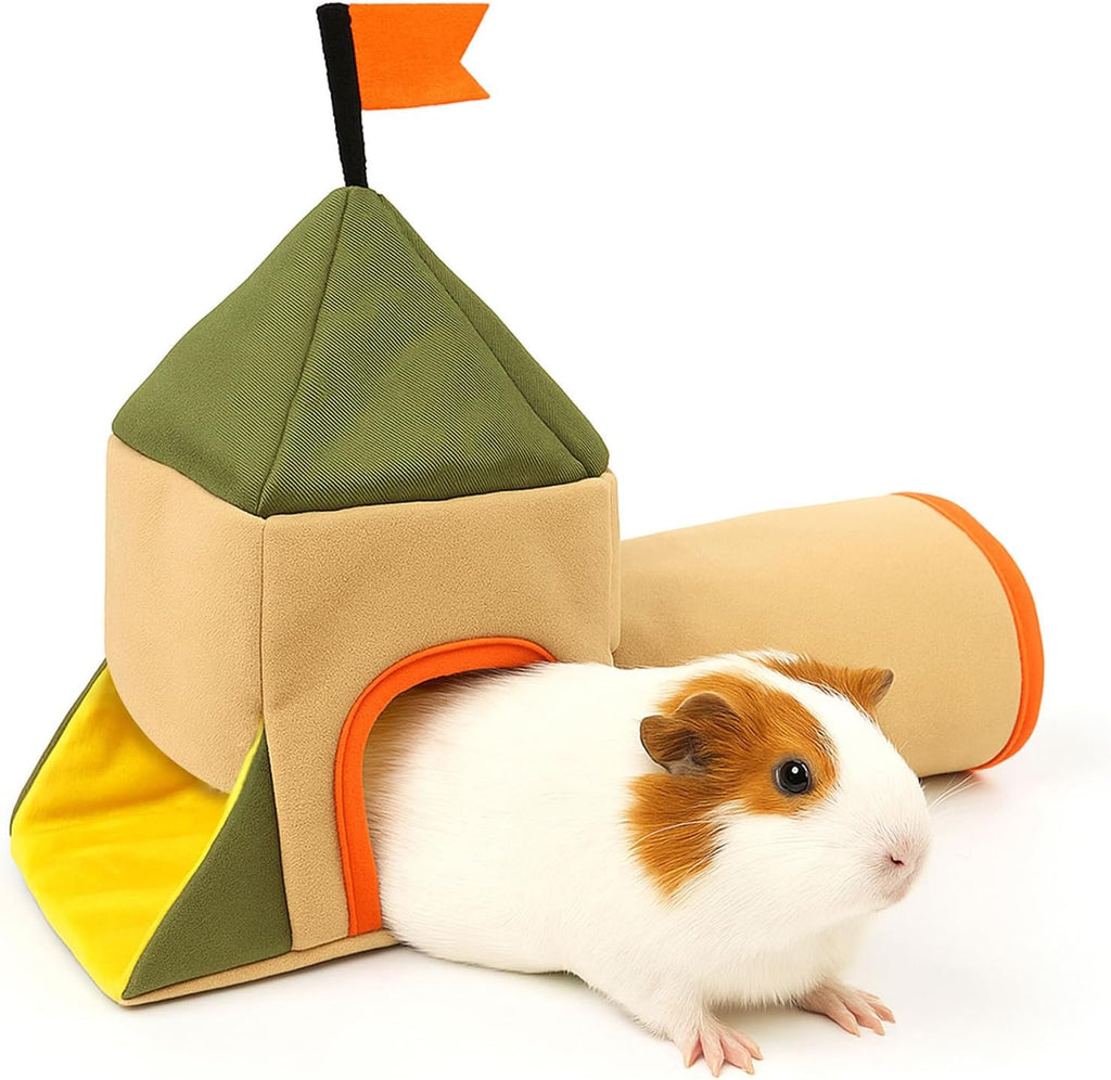 Guinea Pig Hideout and Toys, Castle Theme Small Pet Tunnel and Bed with Flag for Bunny Rabbit Ferret Hamster Chinchilla Hedgehog Hiding and Resting, 17.3in Long(Khaki)
