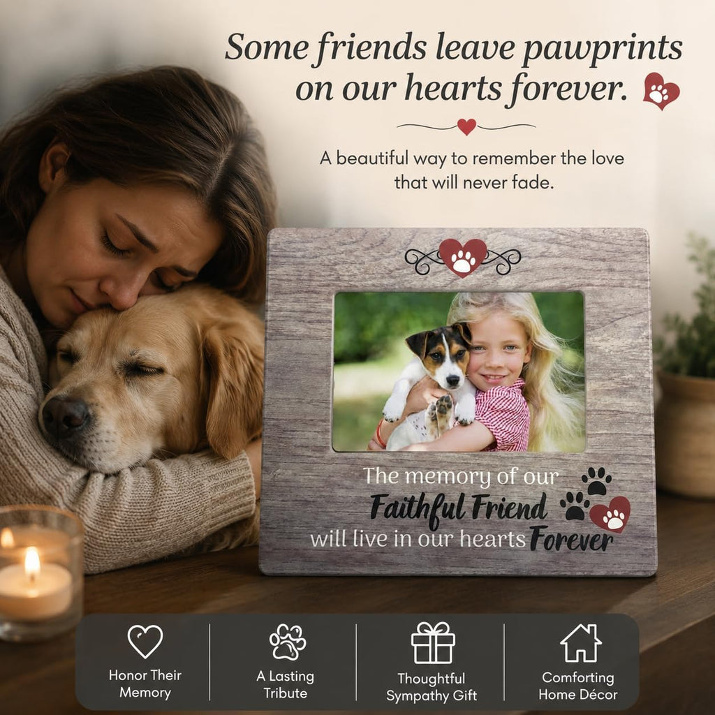 Dog Memorial Picture Frame for Loss of Pet – Pawprints & Hearts Pet Remembrance Frame - Sympathy Quote – “The Memory of Our Faithful Friend Will Live in Our Hearts Forever” – 4x6 Photo - 7.25 x 8 Inch