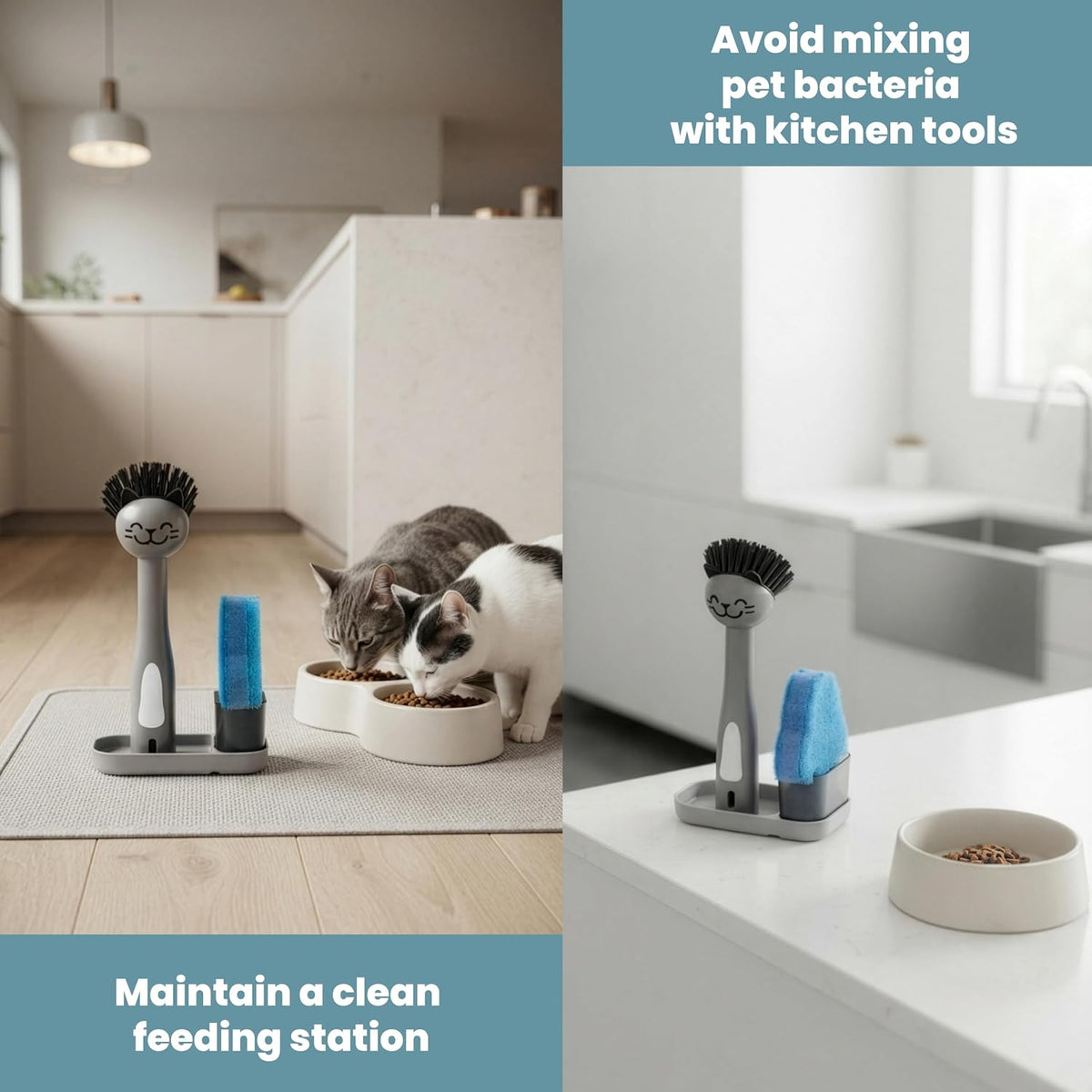 Pet Bowl Cleaner Set with Cat Bowl Brush, Cat Sponge, Holder & Drain Tray