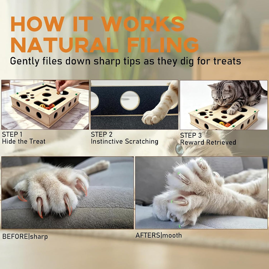 Cat Scratch Puzzle Enrichment Box with Bell Ball, Large Cat Nail File Enrichment Box with Sandpaper Liner, Stress-Free Alternative to Trimming Nails, for Indoor Cats
