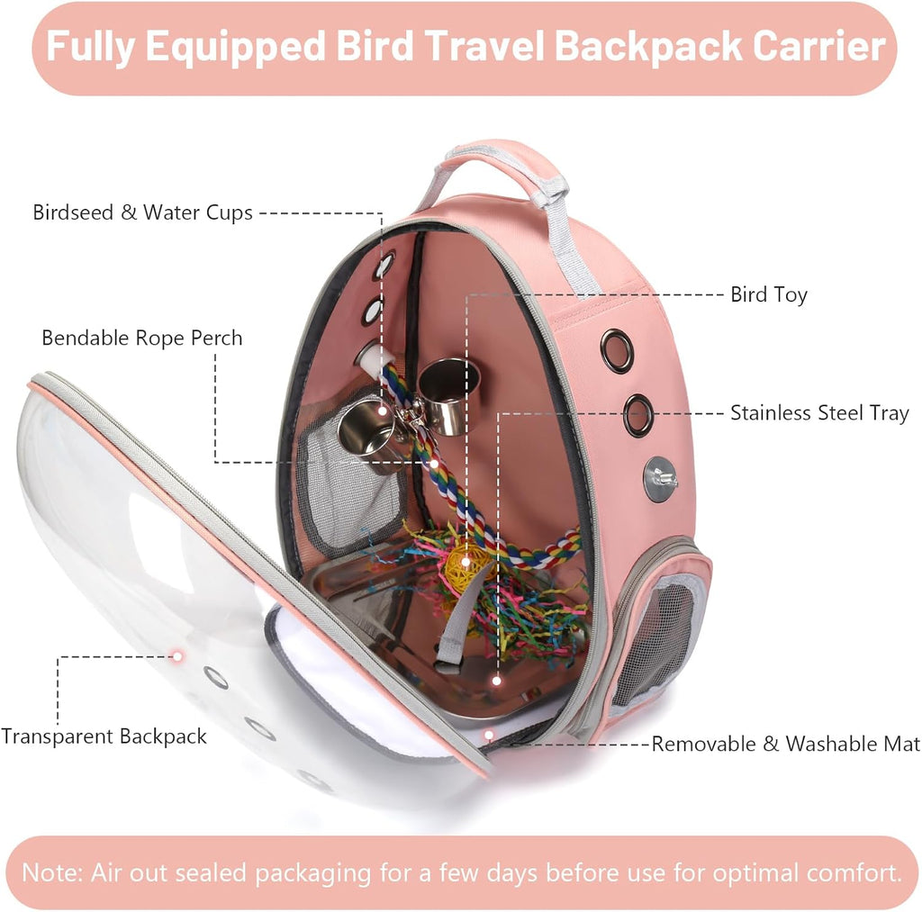 Bird Backpack Carrier, Travel Bird Cage for Small Medium Size Parrot Parakeet Budgies Cockatiel, Portable Clear Bubble Window Bag with Stainless Steel Tray Food Bowl Standing Perch (Pink)