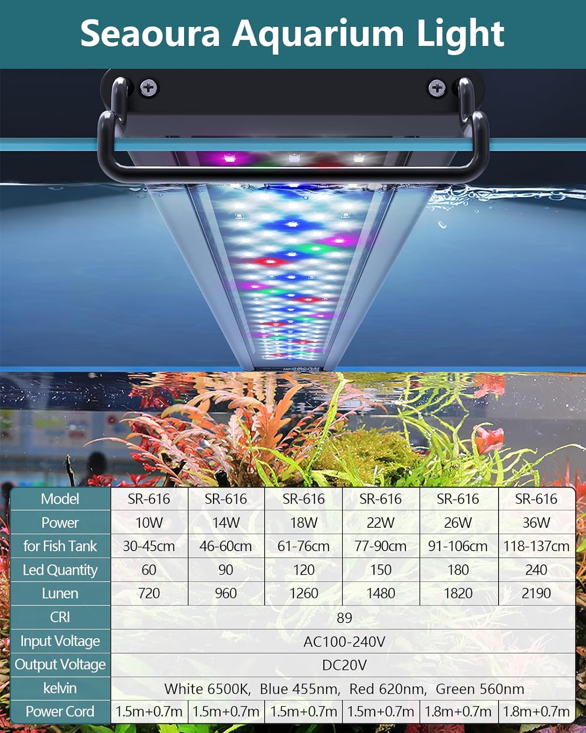 SEAOURA Led Aquarium Light for Plants-Full Spectrum Fish Tank Light 18-24''