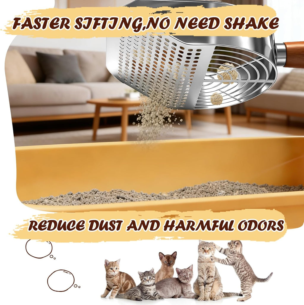 Large Cat Litter Scoop 304 Stainless Steel Rust Proof, Sifting Litter Box Scooper with Wood Handle, Curved Design for Easy Cleaning, Dual Sifter Holes cat Litter Shovel