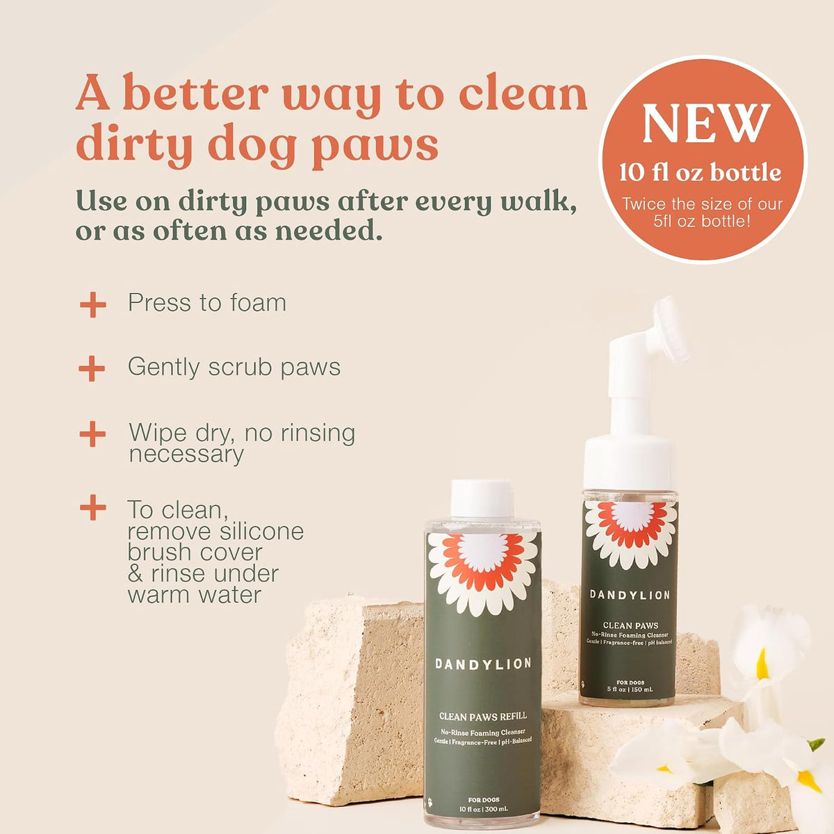 Dandylion Clean Paws Value Set | No-Rinse Foaming Dog Paw Cleaner with Built-in Brush + Refill | Fragrance-Free, pH-Balanced | Suitable for All Breeds & Sizes