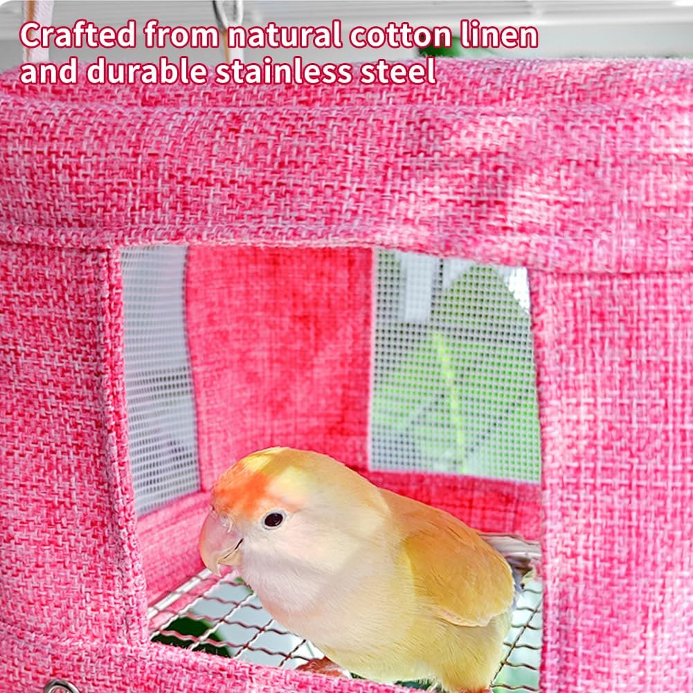 La La Pet Breathable Bird Hut for Summer Hanging Cage Nest with Stainless Steel Mesh Bottom Cooling Hammock Tent for Parrots Macaws Parakeets Cockatoos Lovebirds Pink