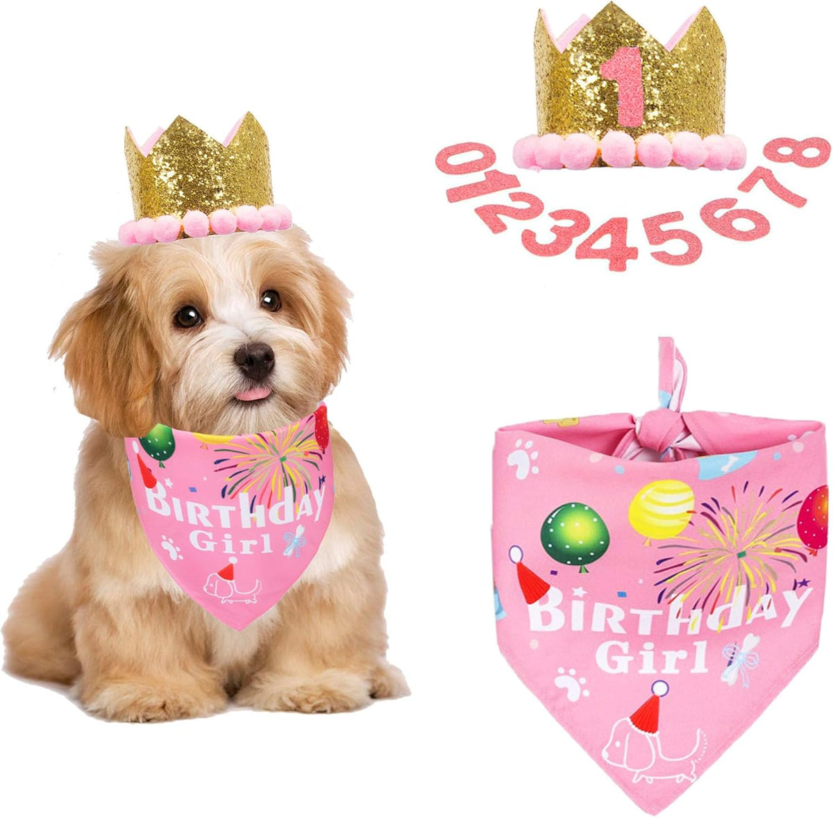 ADOGGYGO Dog Birthday Girl Bandana, Pink Birthday Hat, Age Numbers, Small