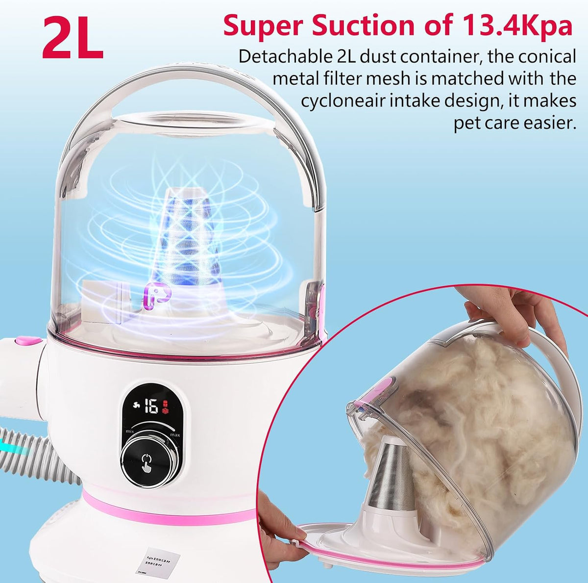 Garvee Pet Grooming Vacuum, 13.4Kpa Suction Power, 2L Large Capacity Hair Storage, 5 Professional Pet Grooming Tools for Dogs Cats, Orange/Pink