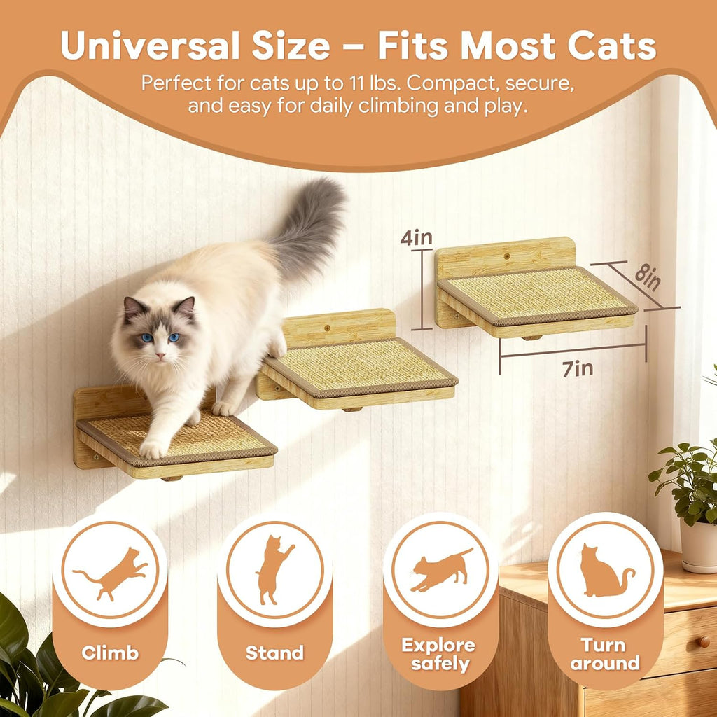 3Pcs 8"×7" Cat Wall Steps - Cat Stairs for Wall, Ladder Natural Wood with Fixtures,Turn Around or Climbing or Playing for Kittens and Adult Cats