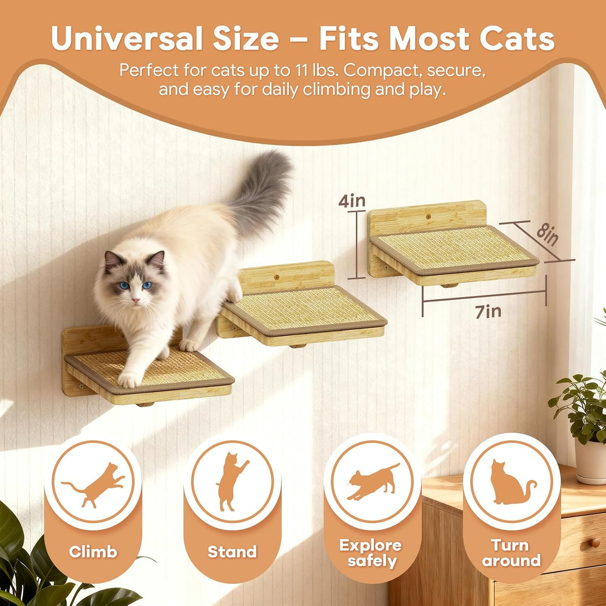 3Pcs 8"×7" Cat Wall Steps - Cat Stairs for Wall, Ladder Natural Wood with Fixtures,Turn Around or Climbing or Playing for Kittens and Adult Cats
