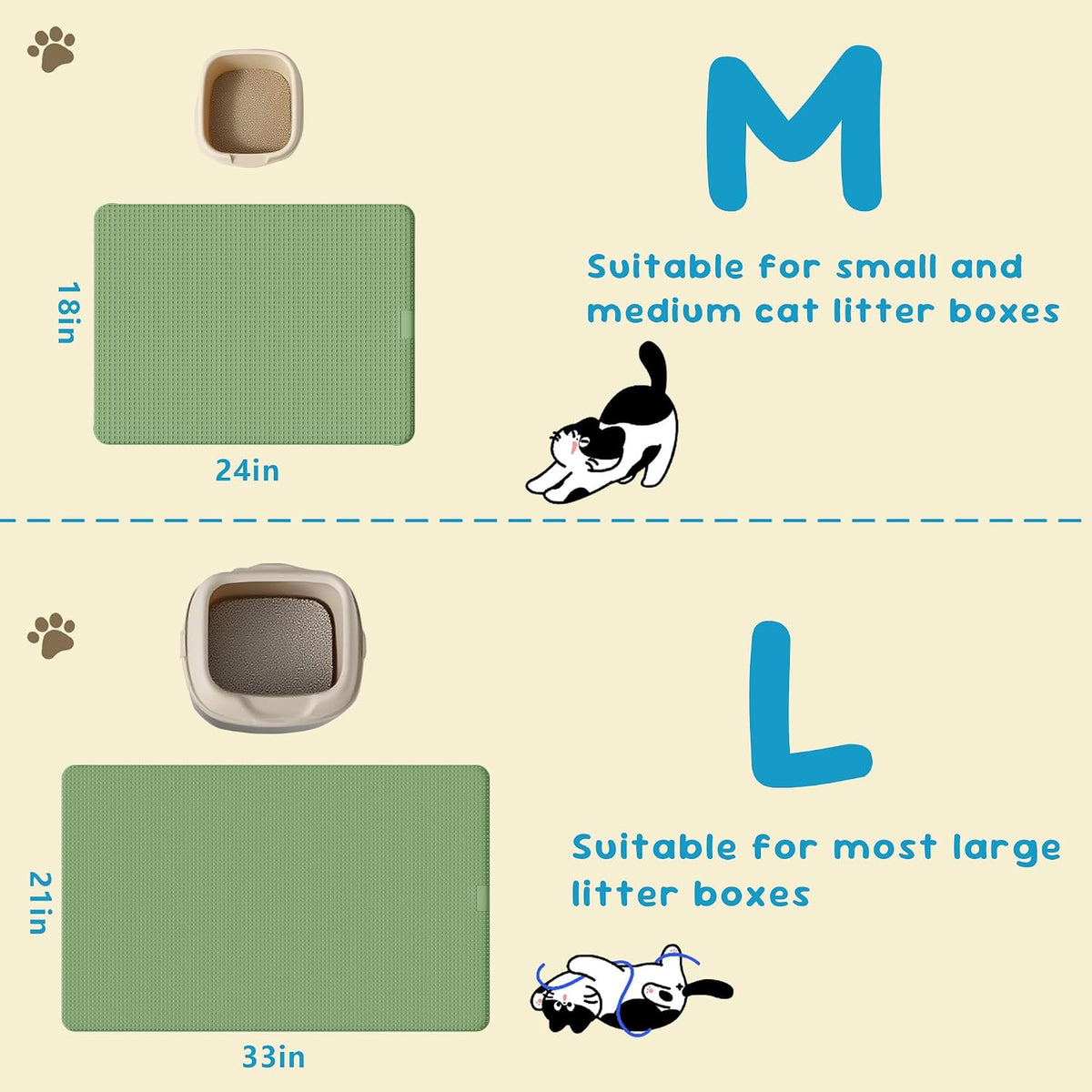 Cat Litter Mat, Silicone Litter Trapping Mat - Removal/Waterproof/Urine Proof, Cat Massage Mat (24" X 18"), Litter Box Mat - Keep the Floor Clean Green