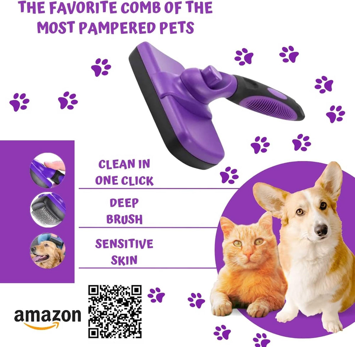 Volpe Cat Brush, Dog Brush, Cat Brushes for Indoor Cats, Easy to Clean, Dog Brush for Shedding, Dog Hair Remover, Deshedding Fur Removal,Purple