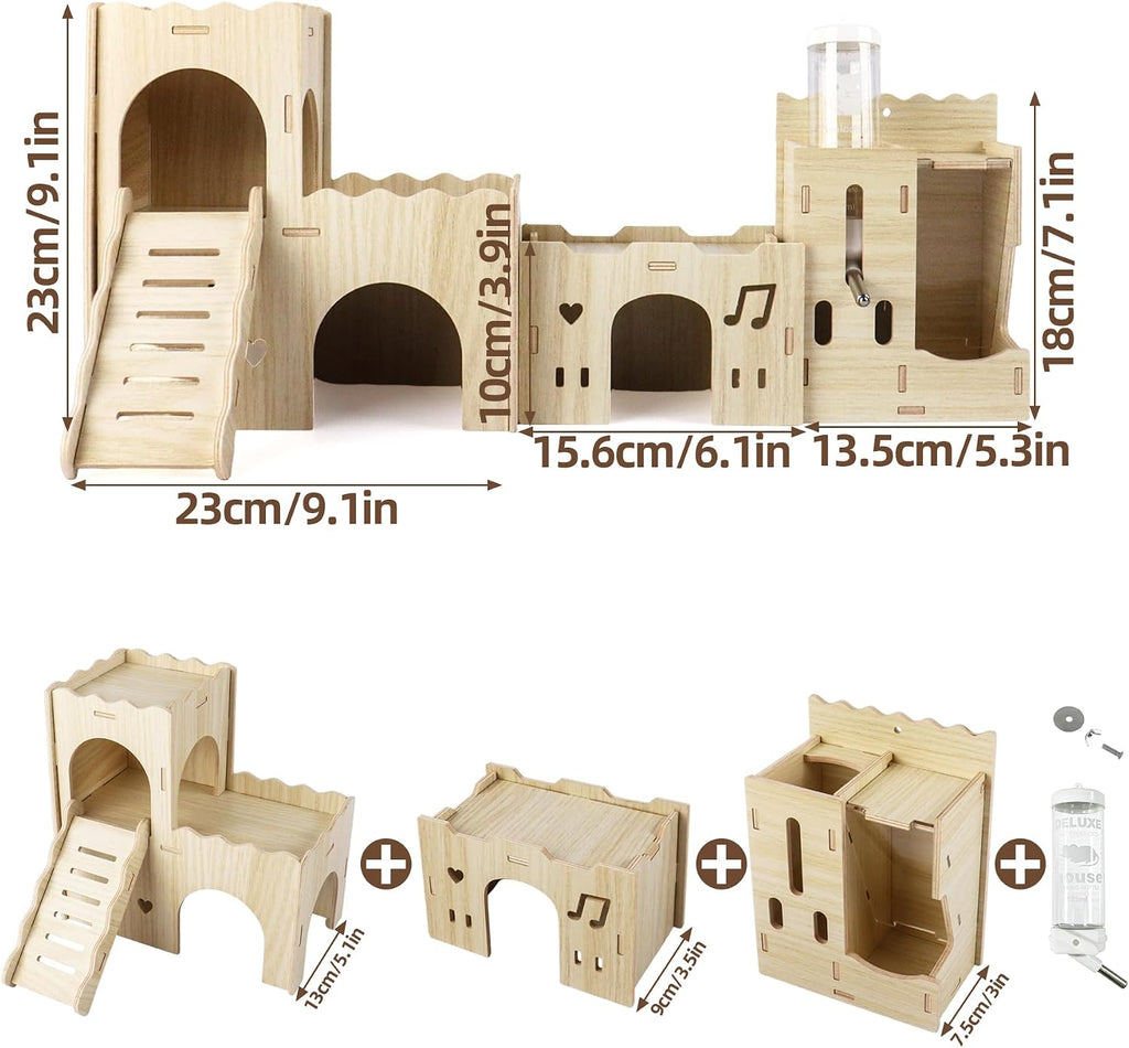 Hamster Hideout House, Multi-Chamber Hamster Castle with Water Bottle, Large Wooden Mouse Playground with Climbing Ladder, Habitat for Syrian Dwarf Gerbils Mice and Small Pets