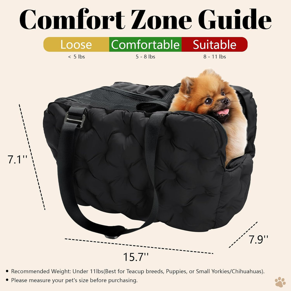 Dog Purse Carrier for Small Dog Cats, Soft Quilted Puppy Carrier Soft-Sided Carriers Bag, Luxury Stylish Small Dog Cat Travel Tote for Pets Up to 11 lbs (Black, 15.7" L x 7.9" W x 7.1" H)