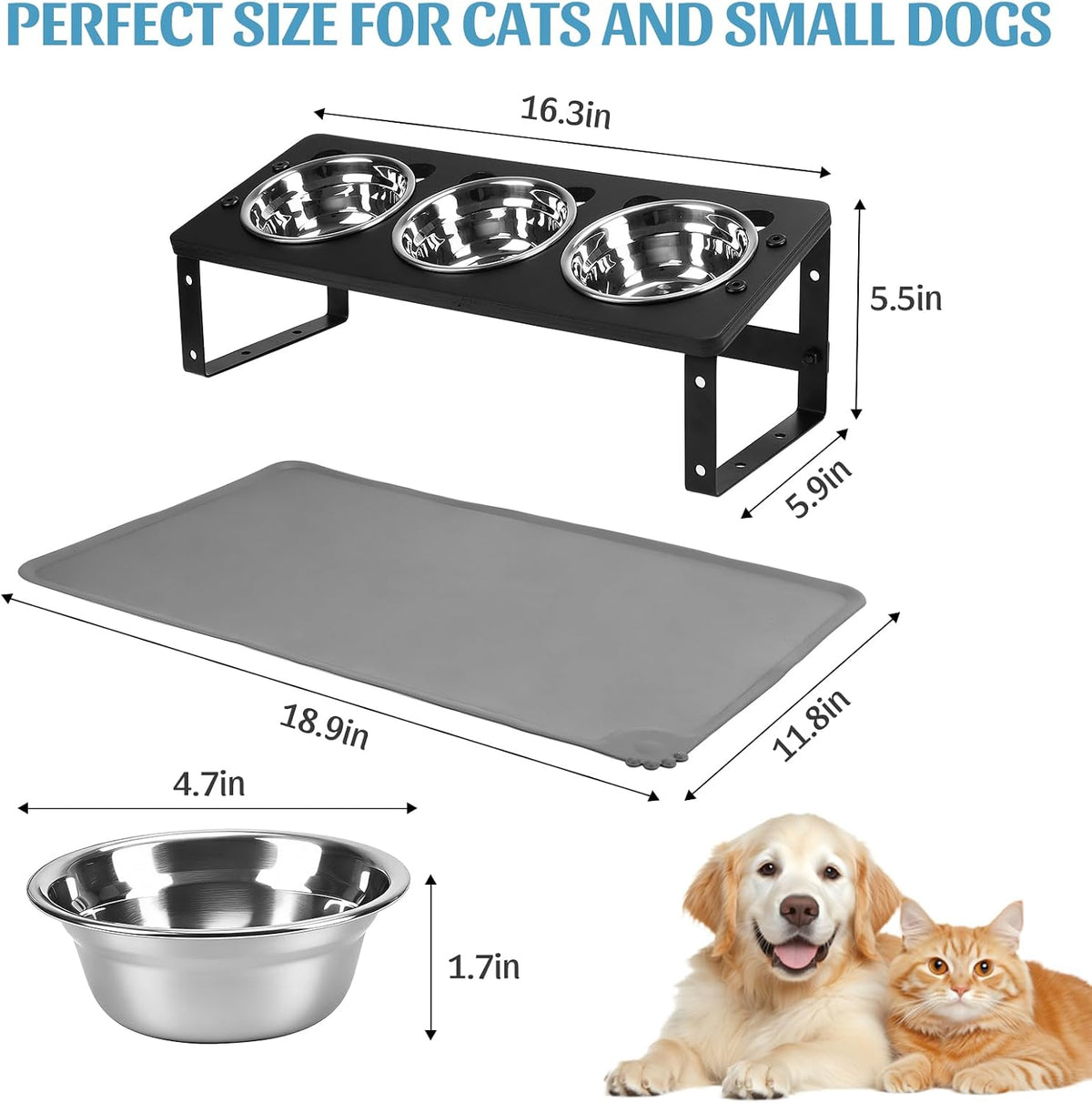 Upgraded Elevated Cat Bowls with Food Mat for Indoor Cats, Black