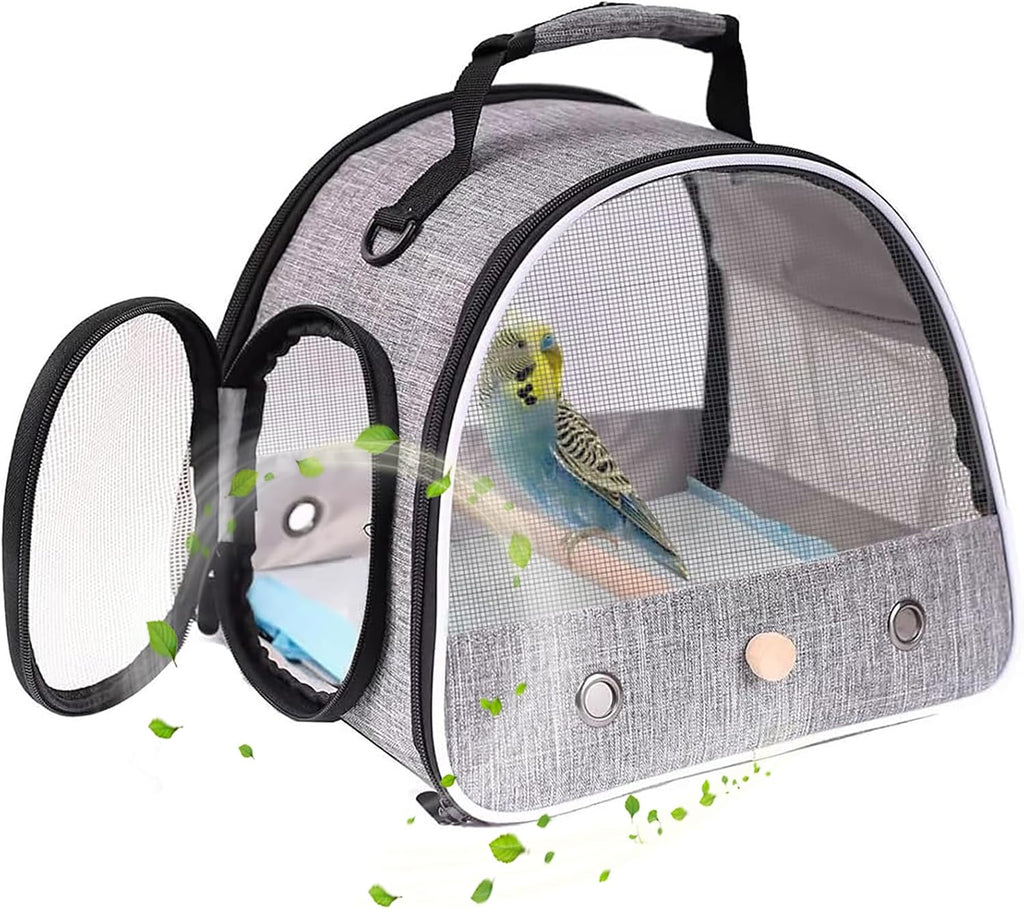 Small Bird Travel Carrier, Portable Bird Travel Cage for Parakeet, Parrot, Budgie, Guinea Pig, Bearded Dragon Reptile Carrier for Hiking Vet Visit Bicycle Ride (Grey)