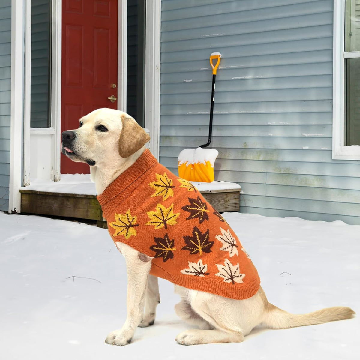 KOOLTAIL Fall Dog Sweater, Thanksgiving Dog Sweater with Autumn Maple Leaf Pattern, Cold Weather Pet Knitted Winter Coats Clothes Turtleneck Pullover for Small Medium Large Dogs Cat Boy Girl, Orange L