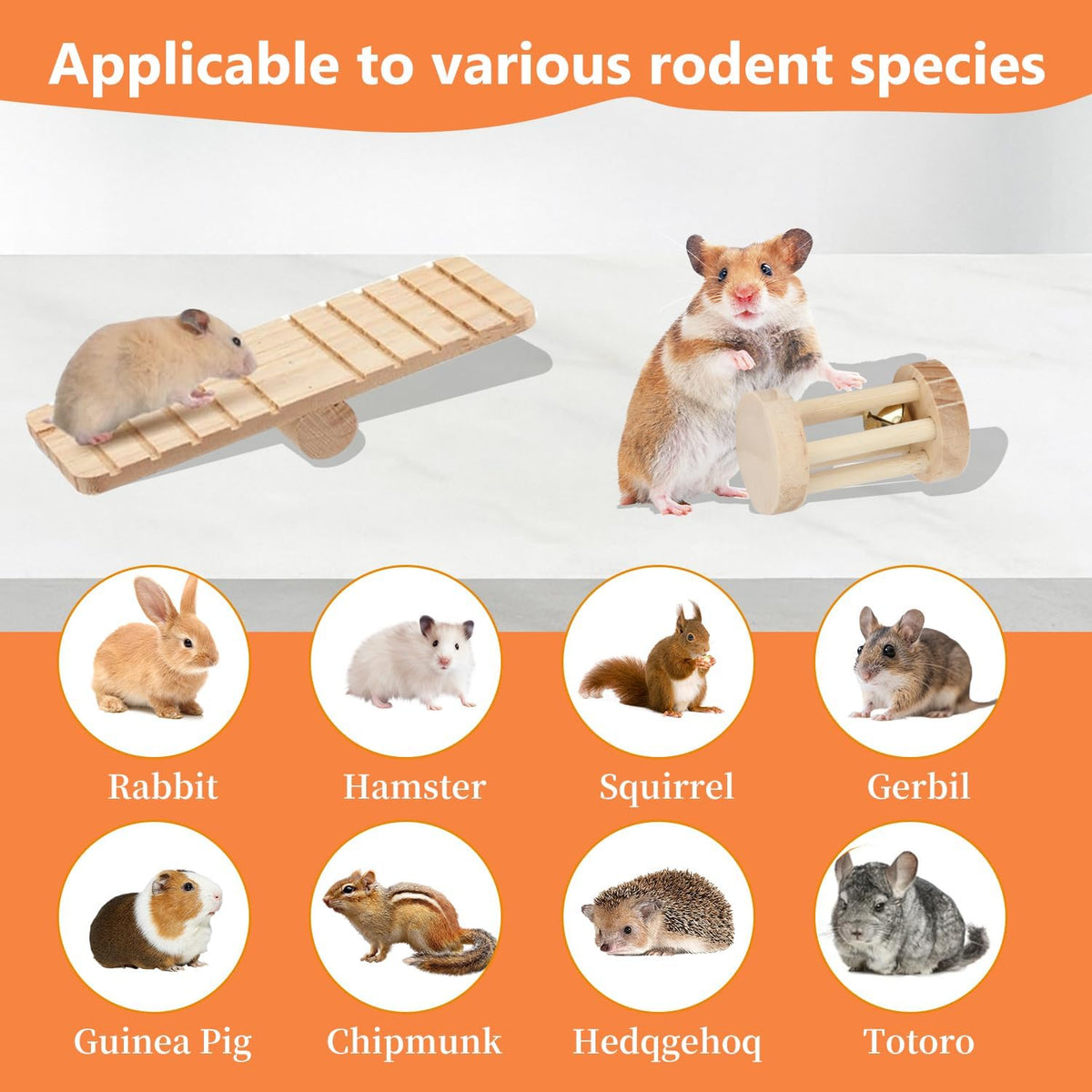 Hamster Cage Accessories, Silent Hamster Wheel, 16 Chew Toys Set, Maze Wood House and Water Bottle Set for Rat Mice Small Animals Habitat，Chewable Strings, Bell Drum, Seesaws, and Bridges (Foundation)