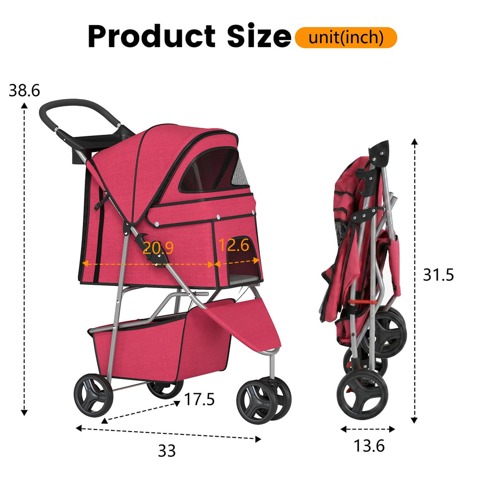 BestPet | 3-Wheel Pet Stroller | Red | Foldable Dog and Cat Stroller
