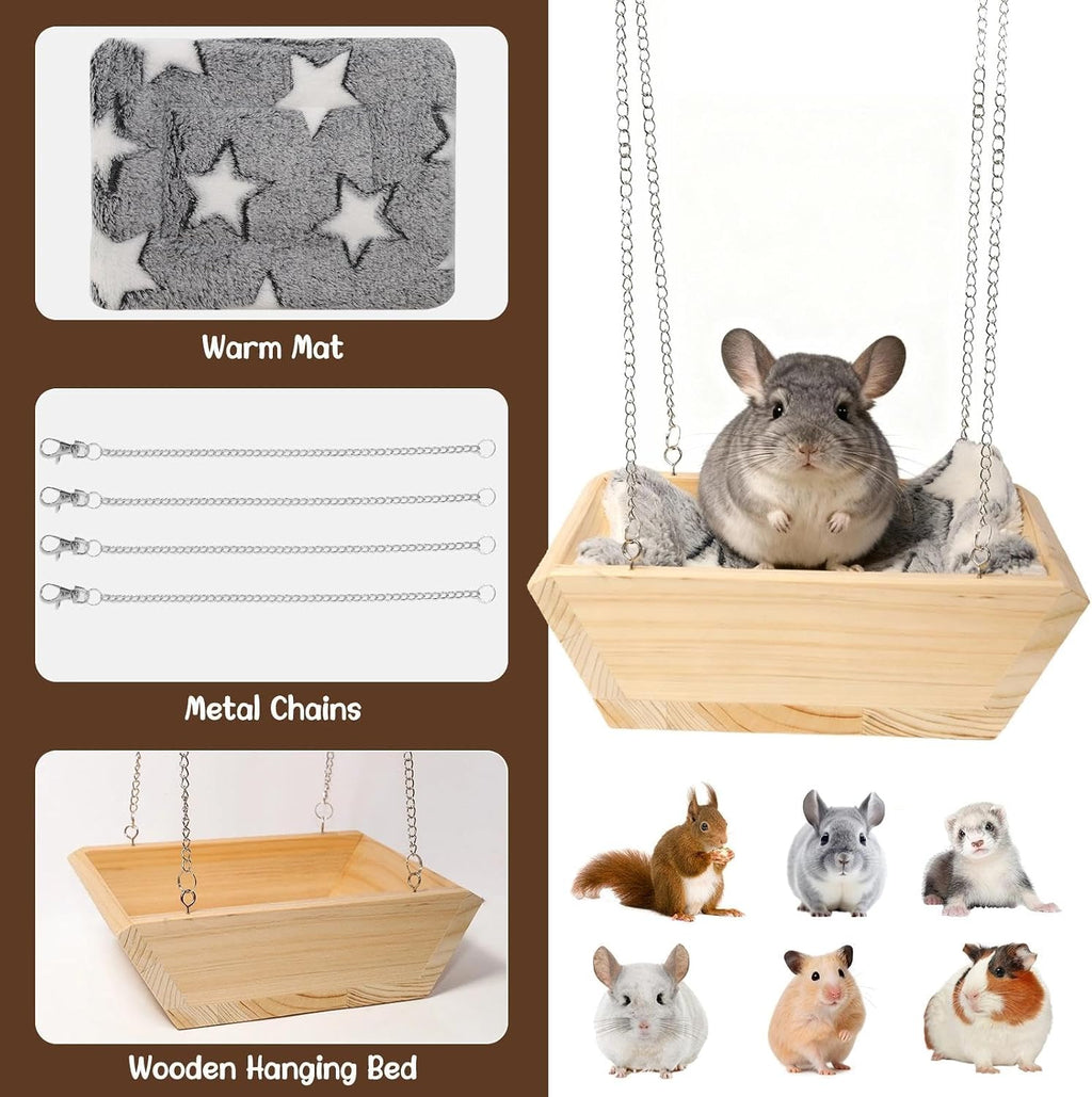 Large Wooden Hanging Bed with Plush Mat, Hammock for Chinchilla Rat Guinea