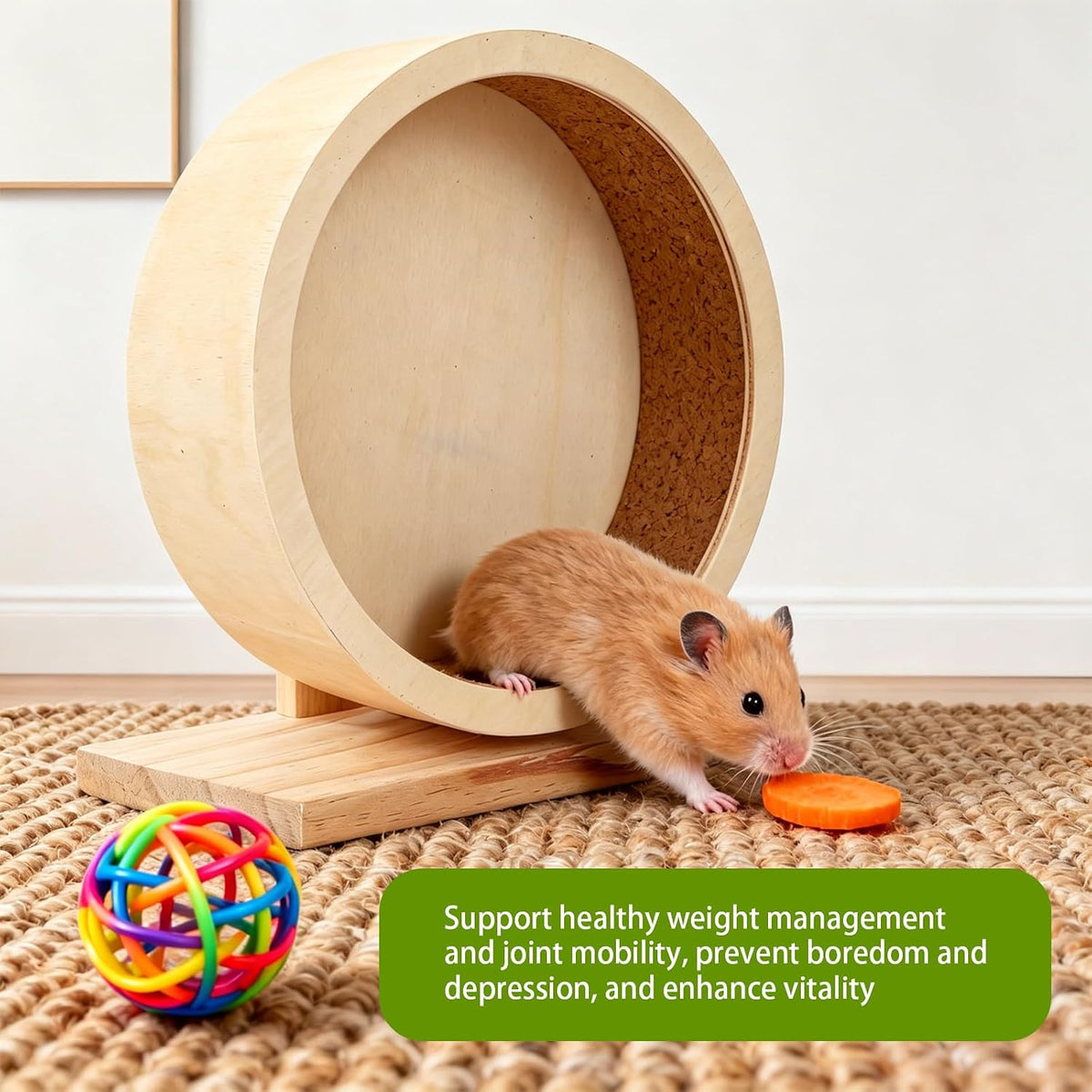 9 Inch Hamster Wooden Silent Exercise Running Wheel with Mini Running Ball
