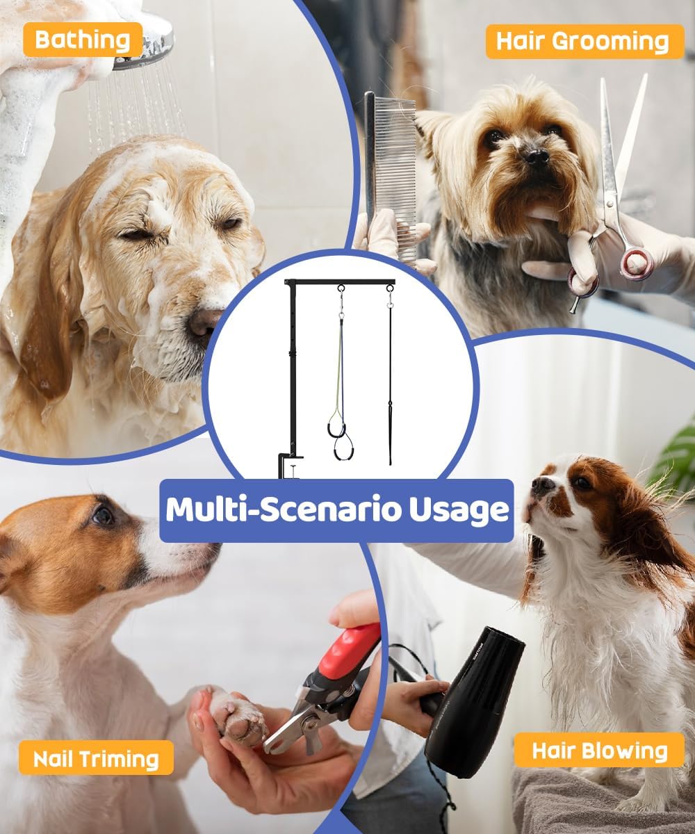 Dog Grooming Arm with Clamp for Large Dog, Adjustable Height to 33in and Width to 43in, Pet Grooming Table Arm with 2 Loop Noose & 2 No Sit Haunch Holder for Home & Store (Table Not Include)