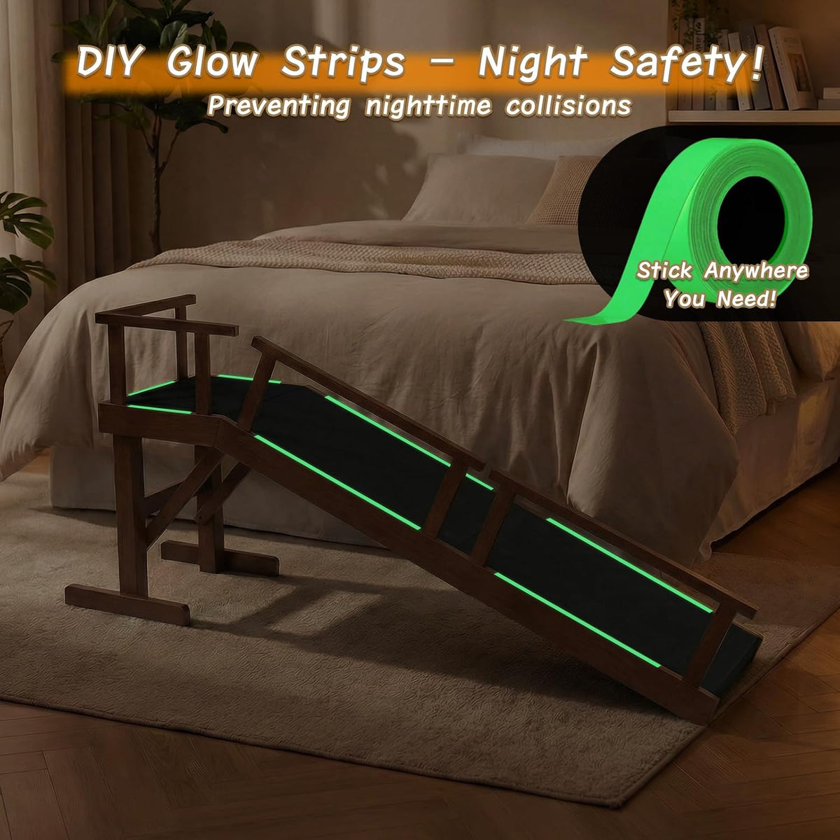 61" Dog Ramp for Bed with Rest Platform & Glow Strips, 20° Gentle Slope, EVA Non-Slip Surface, Removable Safety Rails, Birchwood Solid Wood, for Small, Large & Senior Dogs, Joint Protection, Brown