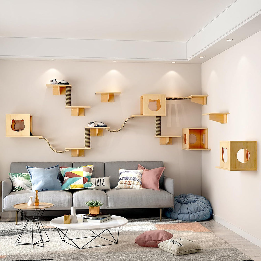 Cat Wall Shelves and Perches, Solid Wood Wall Mounted Cat Furniture with 4 Cat Condos House, 8 Shelves, 2Ladder, 3 Sisal Cat Scratching Post (C)
