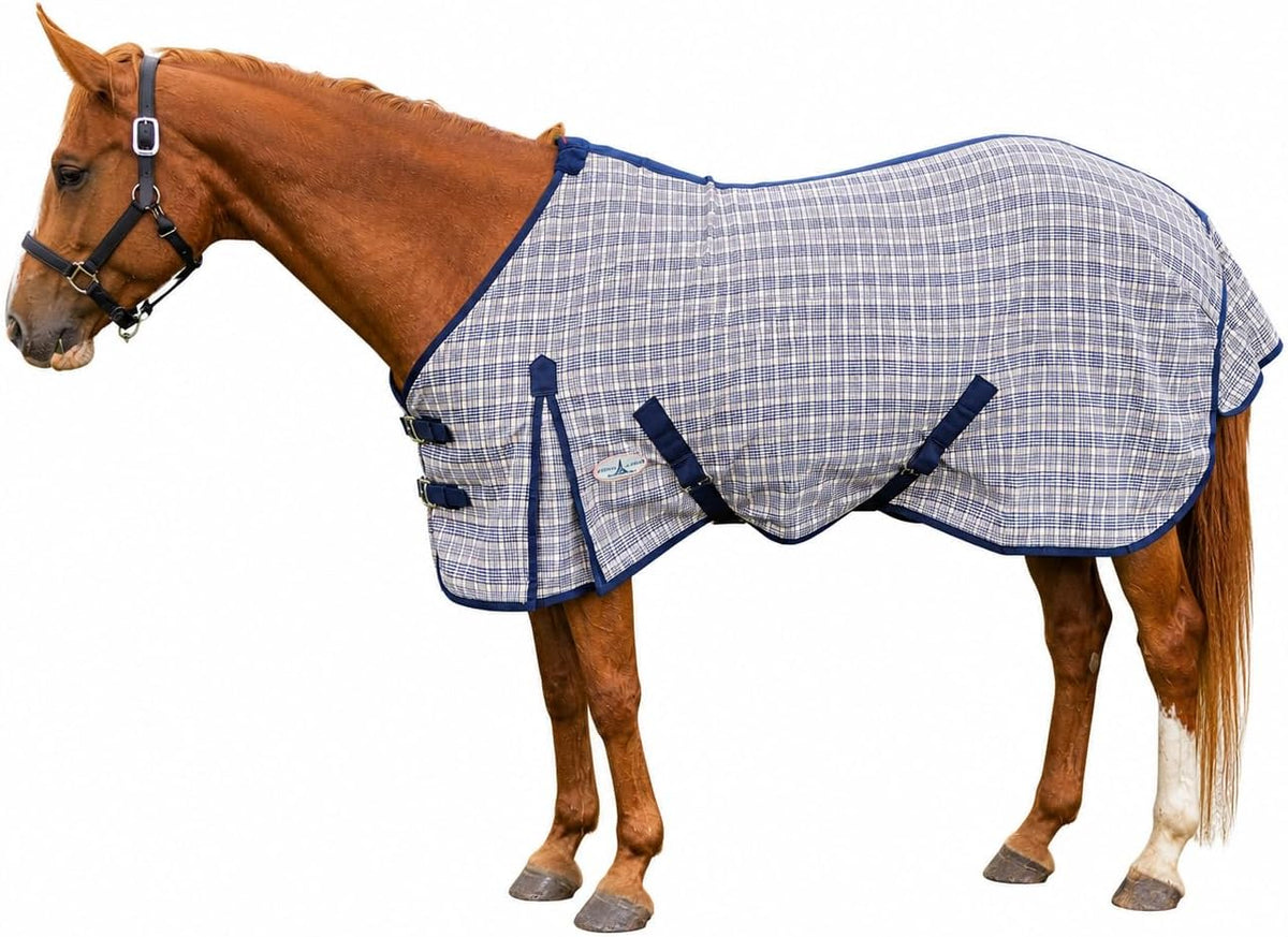 Navy Beige Plaid Horse Stable Sheet with Front Gussets, Lightweight Polyester Sheet for Horses, Travel, Stable & Show Use (Navy Beige Plaid, 72")