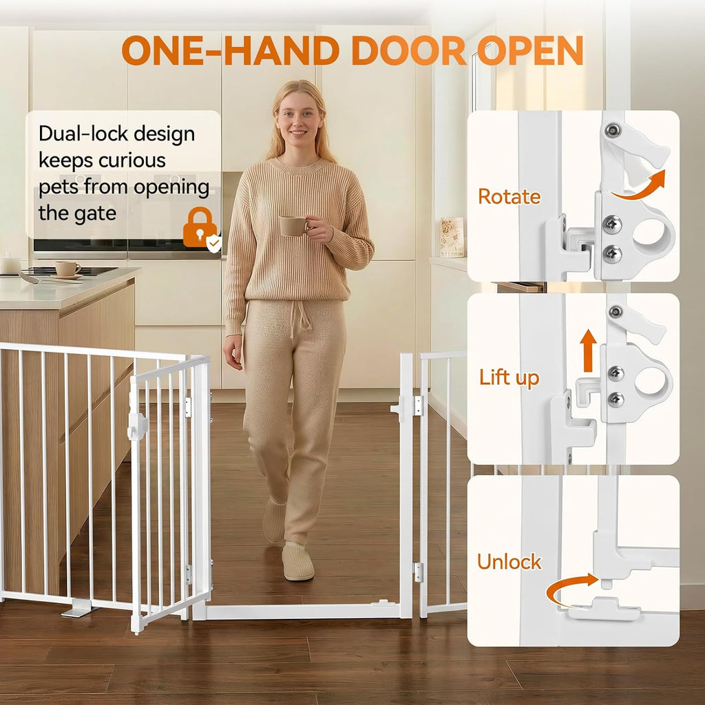 BFNN 60" W Free Standing Dog Gate Indoor for Doorways, Extra Wide Metal Foldable Pet Gate with Walk-Thru Door, 24" Tall Puppy Fence for Stairs, Outdoor, No Drill Barrier for Small & Medium Dogs