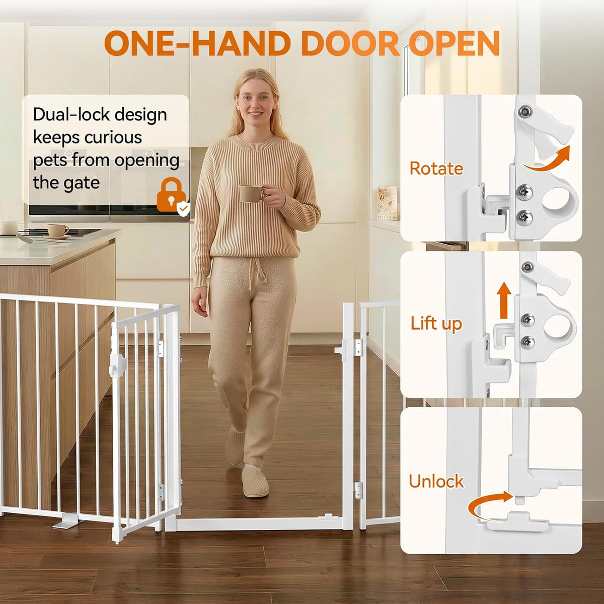 BFNN 60" W Free Standing Dog Gate Indoor for Doorways, Extra Wide Metal Foldable Pet Gate with Walk-Thru Door, 24" Tall Puppy Fence for Stairs, Outdoor, No Drill Barrier for Small & Medium Dogs