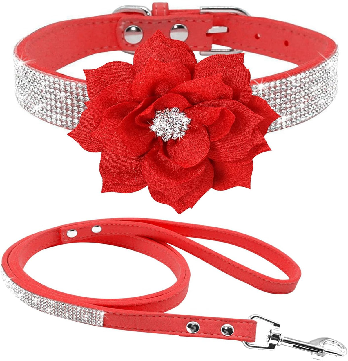 Cute Dazzling Sparkling Elegant Fancy Soft Suede Leather Bling Rhinestone Crystal Jeweled Pet Cat Dog Puppy Collar Dog Leash Combo Set (XXS(Neck 6-8"), Pink)