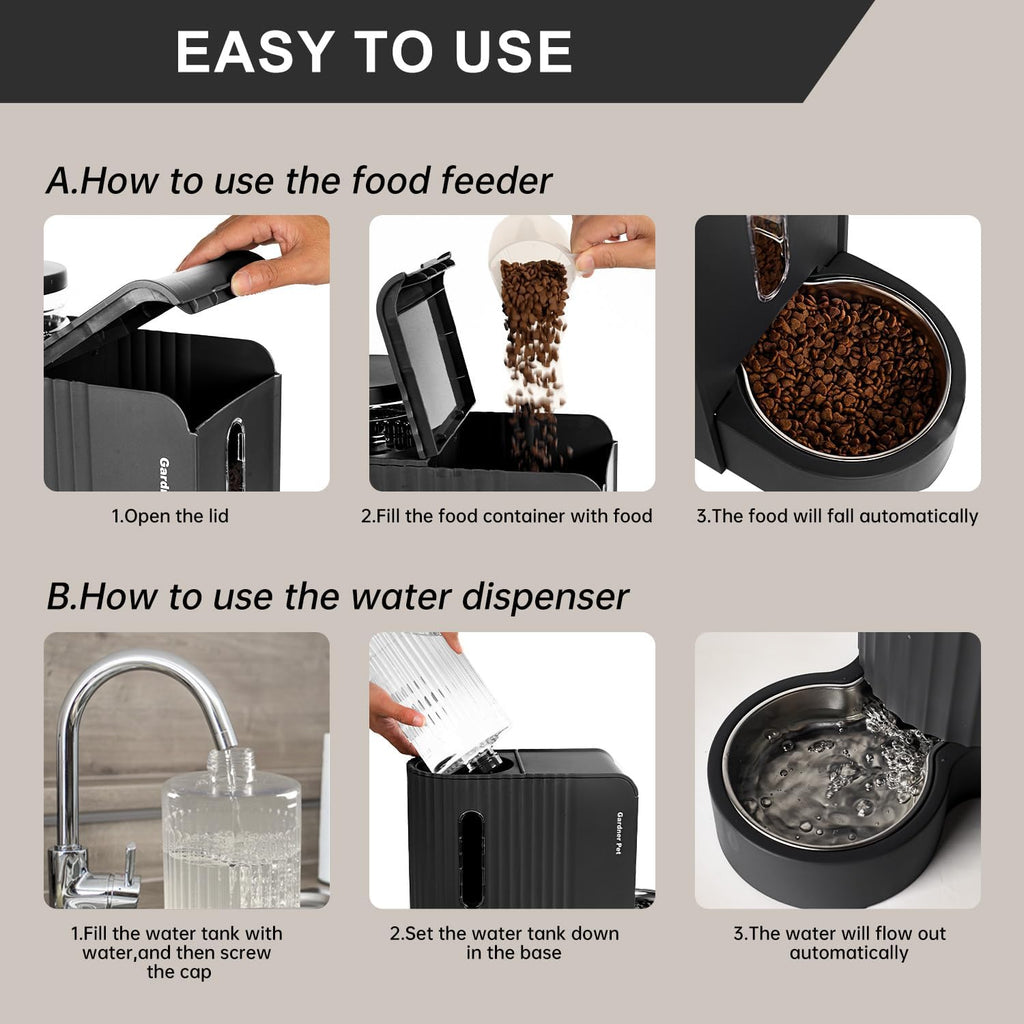 Gravity Automatic Cat Feeder, Water & Food Dispenser Set, Stainless Bowls