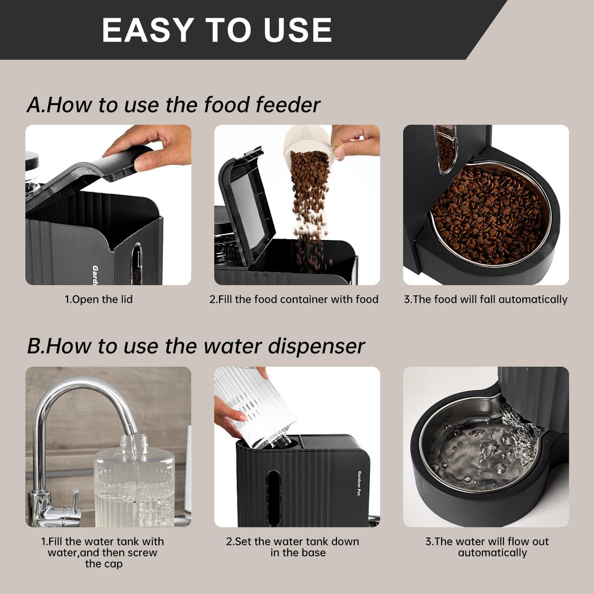 Gravity Automatic Cat Feeder, Water & Food Dispenser Set, Stainless Bowls
