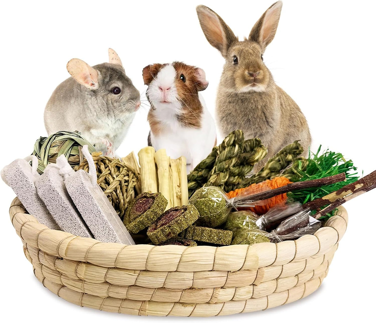 PINVNBY 30PCS Rabbit Chew Toys Set for Teeth Health Natural Bunny Enrichment for Bunnies Boredom Guinea Pig Treats Straw Basket Bunny Bed for Chinchilla Hamster Rat Gerbil