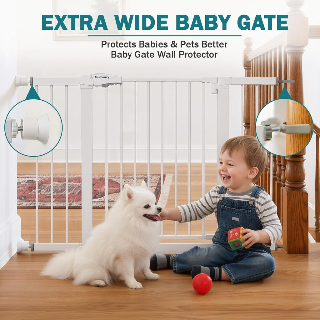 Mumeasy 29.7–48" Baby Gate for Stairs, Dog Gate for Doorways, Auto Close Child Gate, Indoor Safety Pet Gate with Walk Thru Door, Easy Install Pressure Mounted Extra Wide Gate for Kitchen, House,White