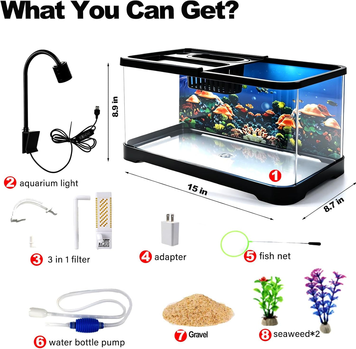 4 Gallon Fish Tank Kit, LED Light Filter Starter Aquarium for Betta Shrimp
