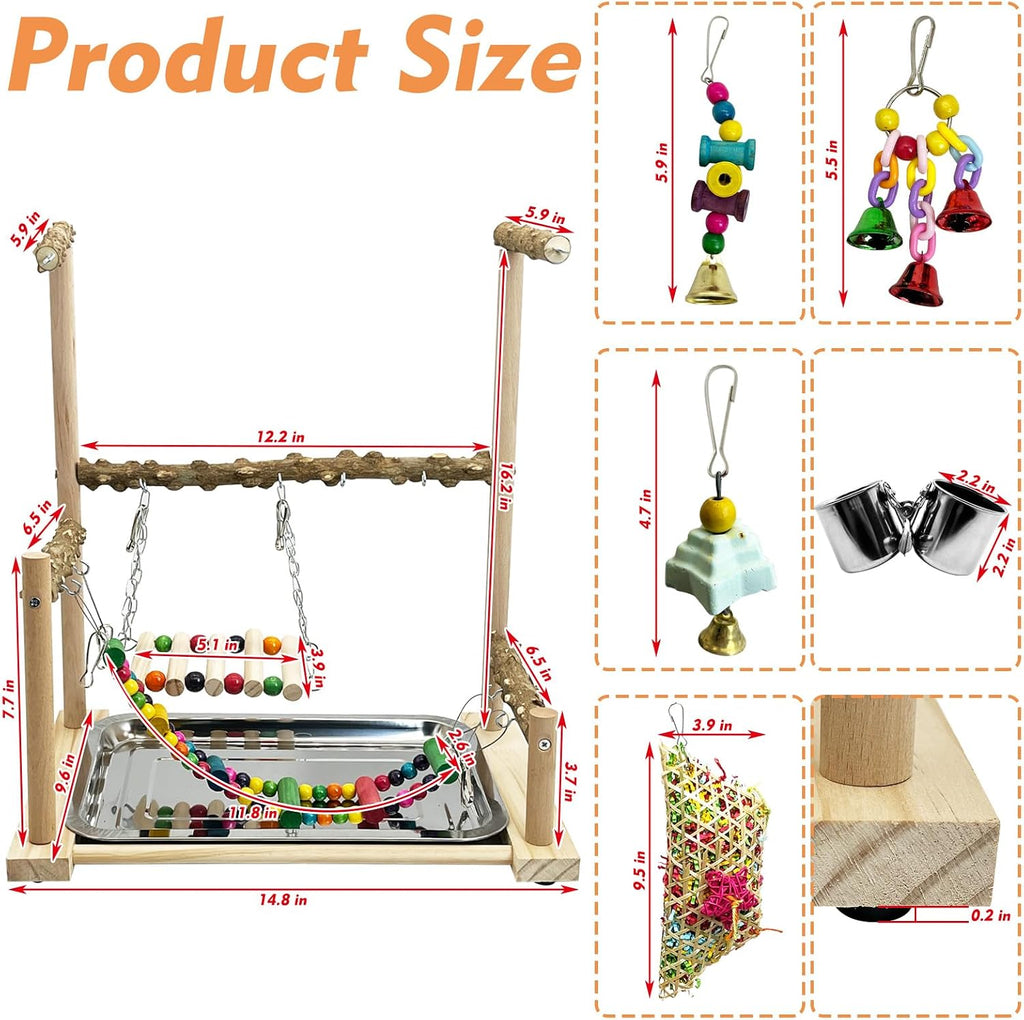 Parrot Play Stand Parakeet Playground Bird Jungle Gym Wood Conure Playstand Hanging Chewing Toys with Feeder Cups and Swings Bird Cage Accessories for Cockatiel Lovebirds Budgie