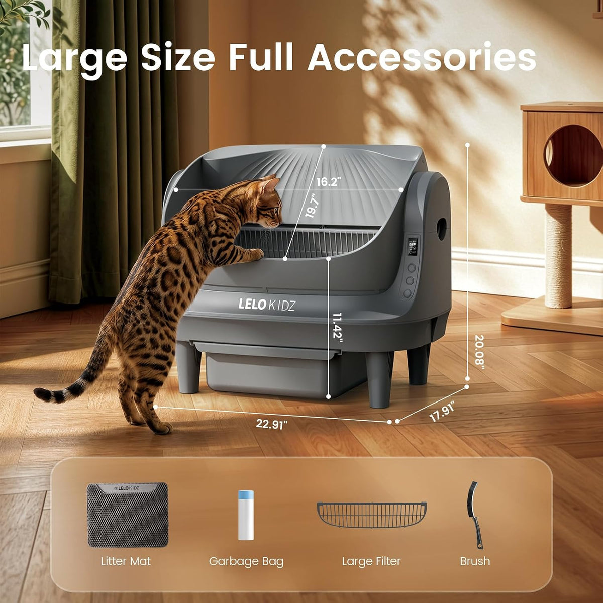 Self Cleaning Litter Box, Open Top 105L Automatic Litter Box for Multiple Cats, App Control, Safety Sensor, Anti-Pinch, Includes Mat & Liner - Gray