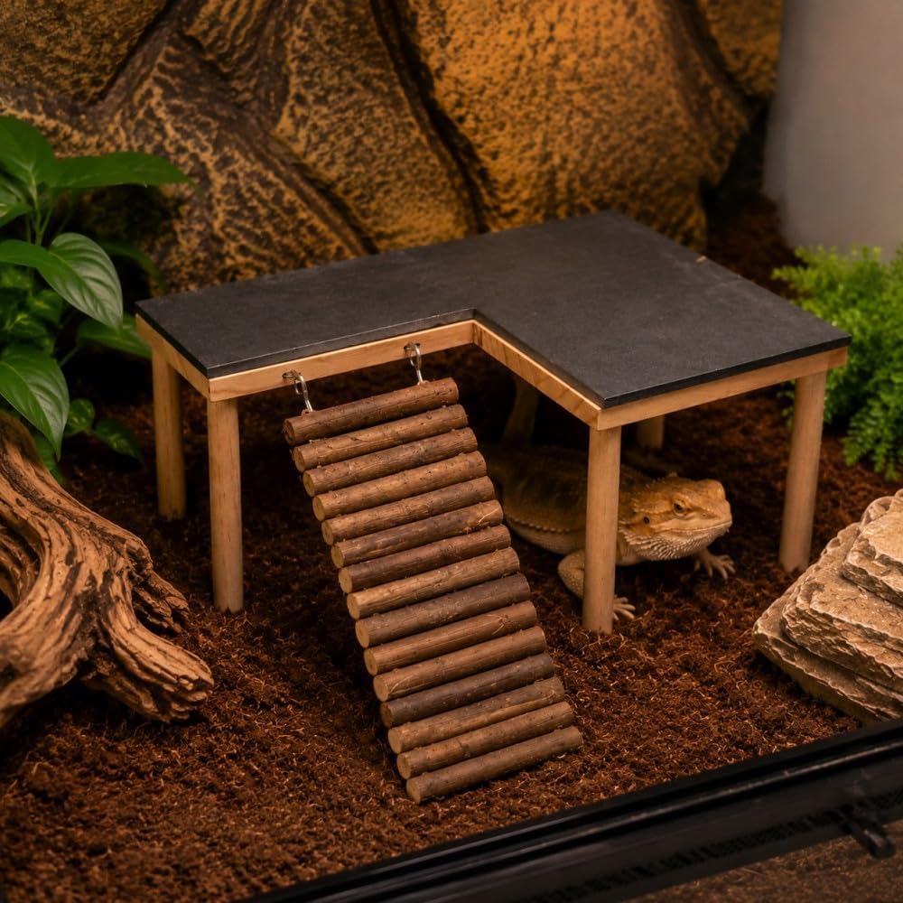 Bearded Dragon Basking Platform, Bearded Dragon Tank Accessories, Reptile Basking Rock with Climbing Ramp and Hideout Cave, Wooden Reptile Habitat Decor for Lizard Gecko Tortoise Snake