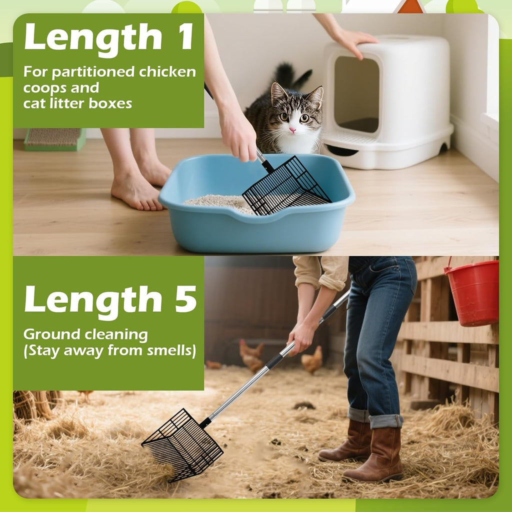 EXPAWLORER Large Chicken Poop Scooper, Adjustable Pet Coop Rake with Stainless Steel Long Handle, Heavy Duty Litter Sifting Sand Sifter Shovel Cleaning Tool Cat Chicken Coop Accessories (22"-68")
