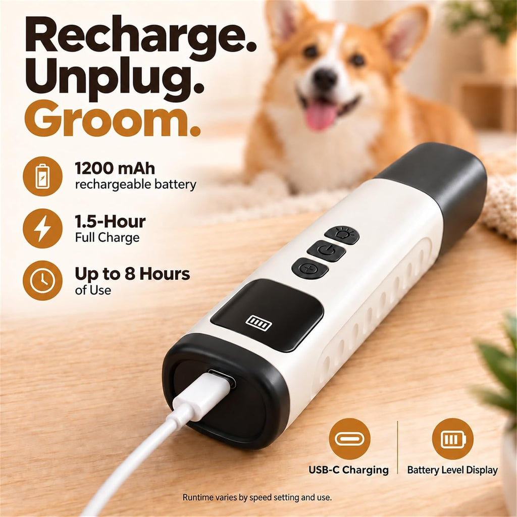 Dog Nail Grinder with 30dB Ultra‑Quiet Brushless Motor, 6‑Speed (6000‑12000RPM), 3‑Port System, LED Lights, 8H Battery, Dust Cap – Painless Grooming for Small, Medium & Large Dogs & Cats