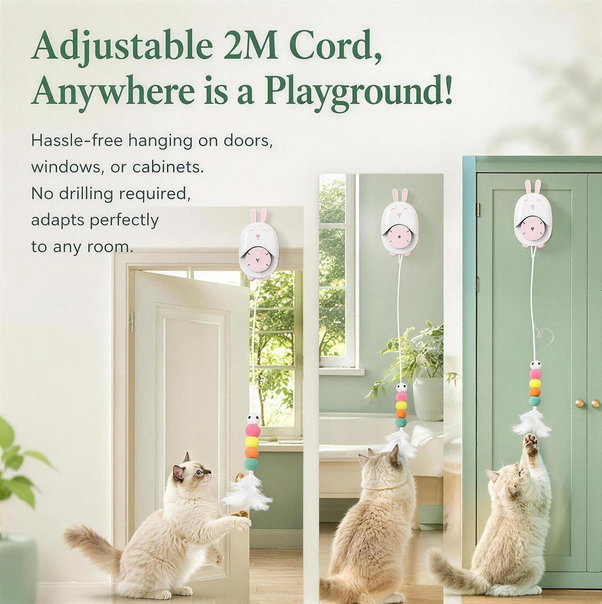 Interactive Cat Toy for Indoor Cats, Automatic Hanging Cat Toy with 5 Refill Teasers, USB-C Rechargeable Self Play Cat Toy, Door Kitten Toy for Exercise, Boredom Relief and Cat Enrichment (White)