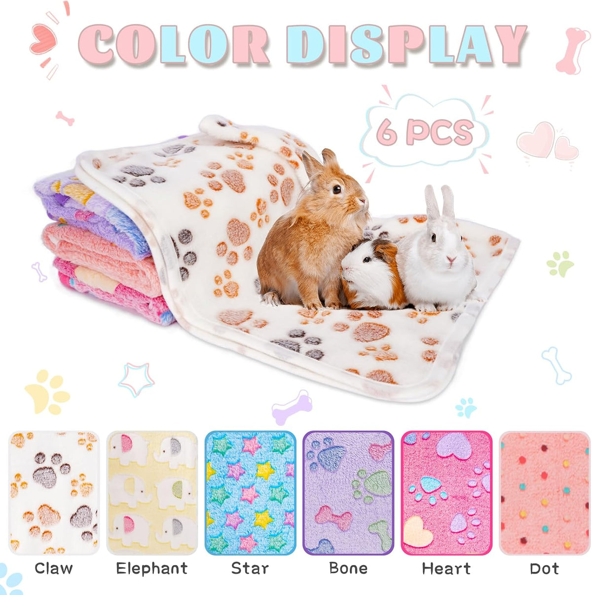 6 Pack Guinea Pigs Fleece Blankets, Soft Plush Mats for Rabbits Hamsters, Washable Small Pet Cage Bedding, Cozy Burrow & Snuggle Cover for Puppies Kittens Travel (26 x 14 Inch, Light Color)